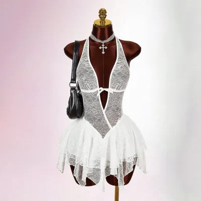 Women Fashion Sexy Summer Solid Color Lace Mesh Perspective Halter-Neck Backless Slim-Fit Rompers