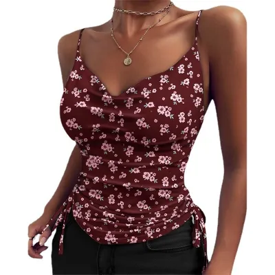 Summer Women Solid Color Drawstring Top