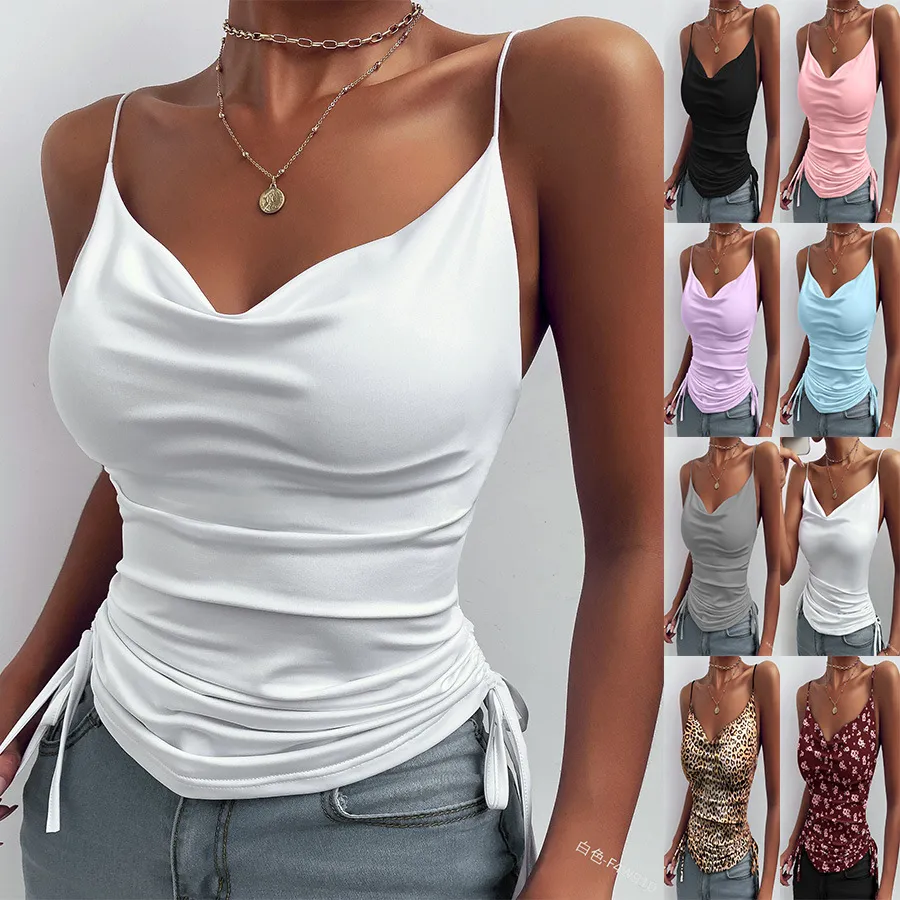 Summer Women Solid Color Drawstring Top