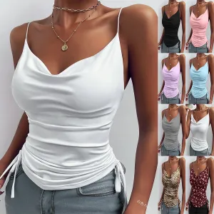 Summer Women Solid Color Drawstring Top