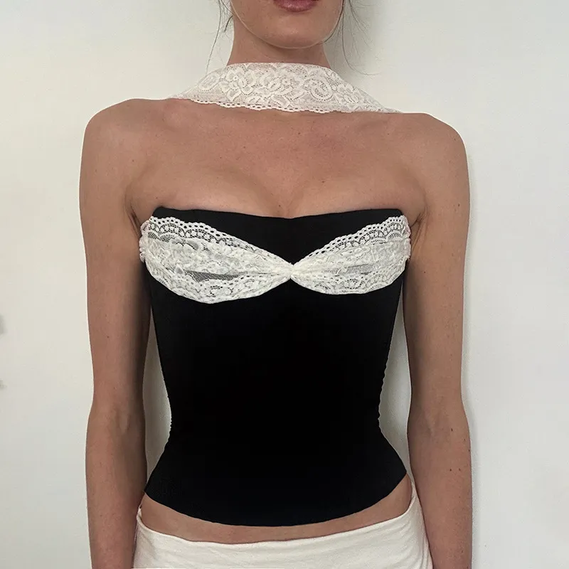Summer Women Distinctive Creative Lace Stitching Strapless Top