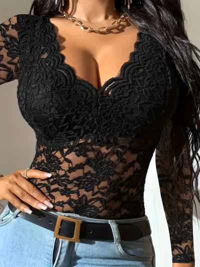 Women Solid Color Sexy Lace Top
