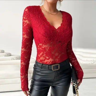 Women Solid Color Sexy Lace Top