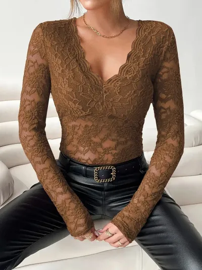 Women Solid Color Sexy Lace Top