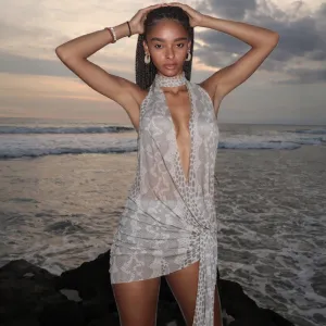 Summer Women Sexy Creative Animal Snake Print Hanging Neck Strap Irregular Dress