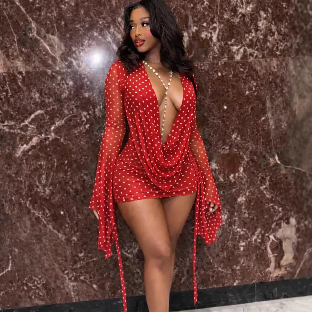 Summer Women Sexy Polka Dot Print Cowl Neck Dress