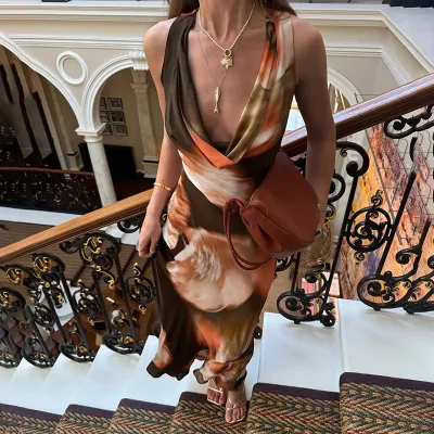 Summer Women Vintage Cowl Neck Contrast Printed Sleeveless Maxi Dress