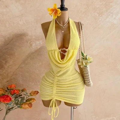 Summer Women Sexy Halter Cowl Neck Solid Color Metal Buckle Drawstring Pleated Backless Mini Dress