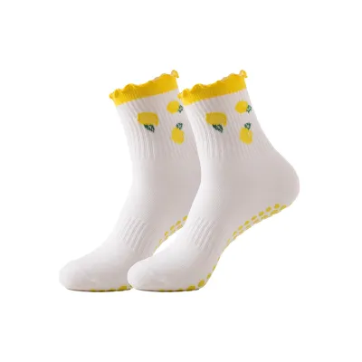 Women Yoga Socks Cherry Embroidered Lemon Bread Pilates Socks Dispensing Sports