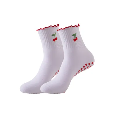 Women Yoga Socks Cherry Embroidered Lemon Bread Pilates Socks Dispensing Sports