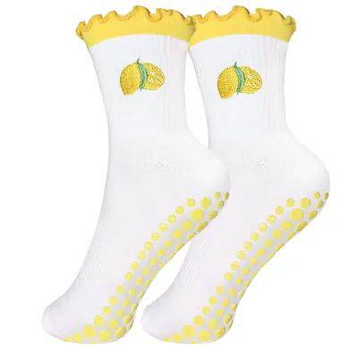 Women Yoga Socks Cherry Embroidered Lemon Bread Pilates Socks Dispensing Sports