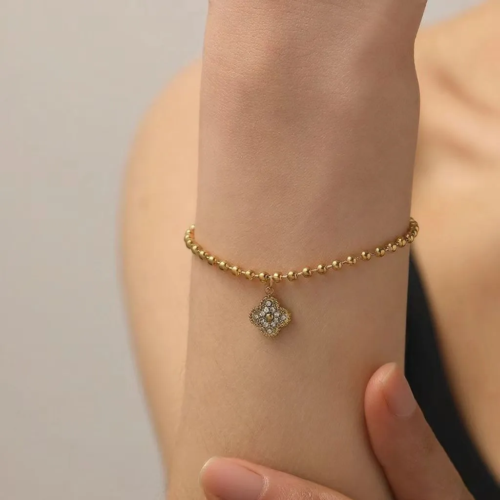 Women Fashion Zirconium Inlaid 18k Gold Ball Chain Four-Leaf Clover Bracelet