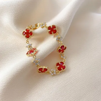 Women Fashion Double-Sided Zircon Four-Leaf Clover Bracelet