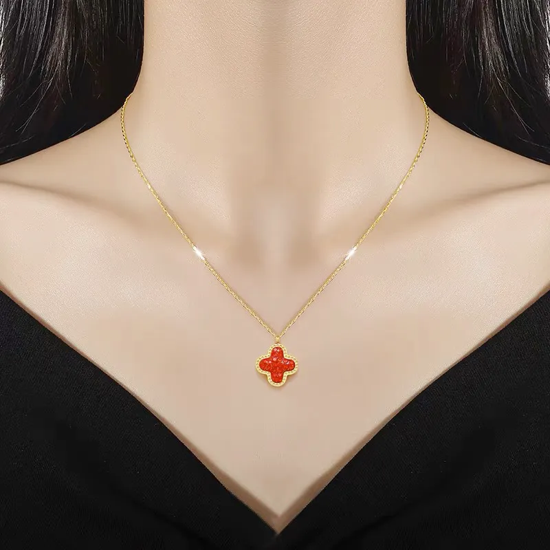Women Fashion Zircon Four-Leaf Clover Pendant 18k Rose Gold Double-Sided Necklace