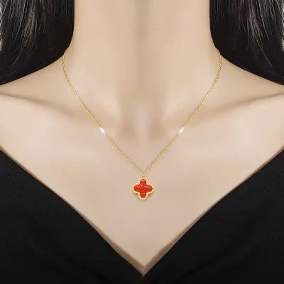 Women Fashion Zircon Four-Leaf Clover Pendant 18k Rose Gold Double-Sided Necklace