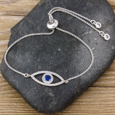 Women Fashion Copper Plated 18K Gold Zircon Blus Evil Eye Adjustable Bracelet