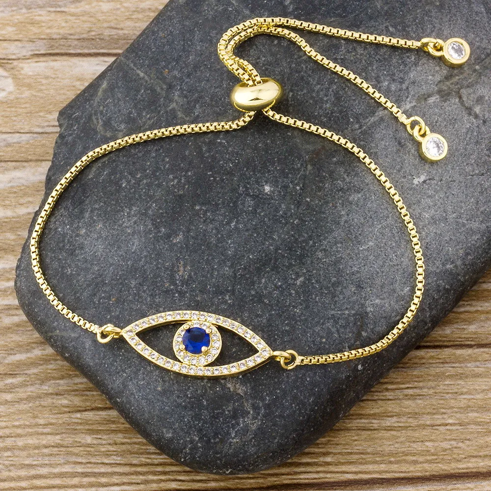 Women Fashion Copper Plated 18K Gold Zircon Blus Evil Eye Adjustable Bracelet