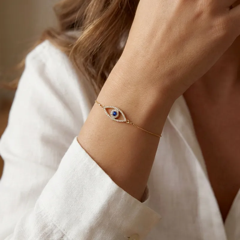 Women Fashion Retro Zircon Devil'S Eye Adjustable Copper Bracelet