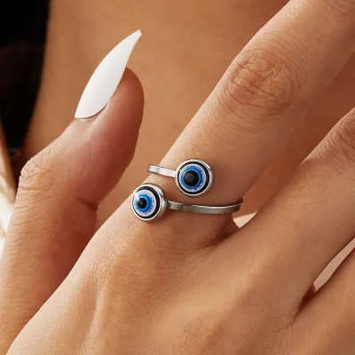 Women Fashion Blue Evil Eye Geometric Stainless Steel Opening Adjustable Ring