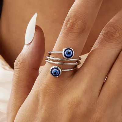 Women Fashion Blue Evil Eye Geometric Stainless Steel Opening Adjustable Ring