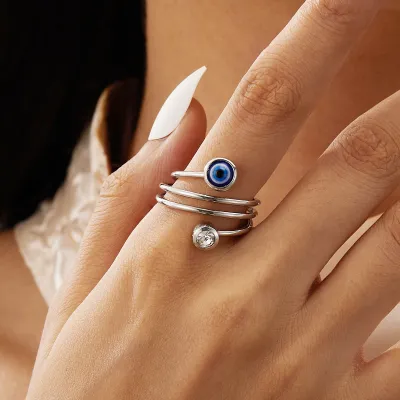 Women Fashion Blue Evil Eye Geometric Stainless Steel Opening Adjustable Ring