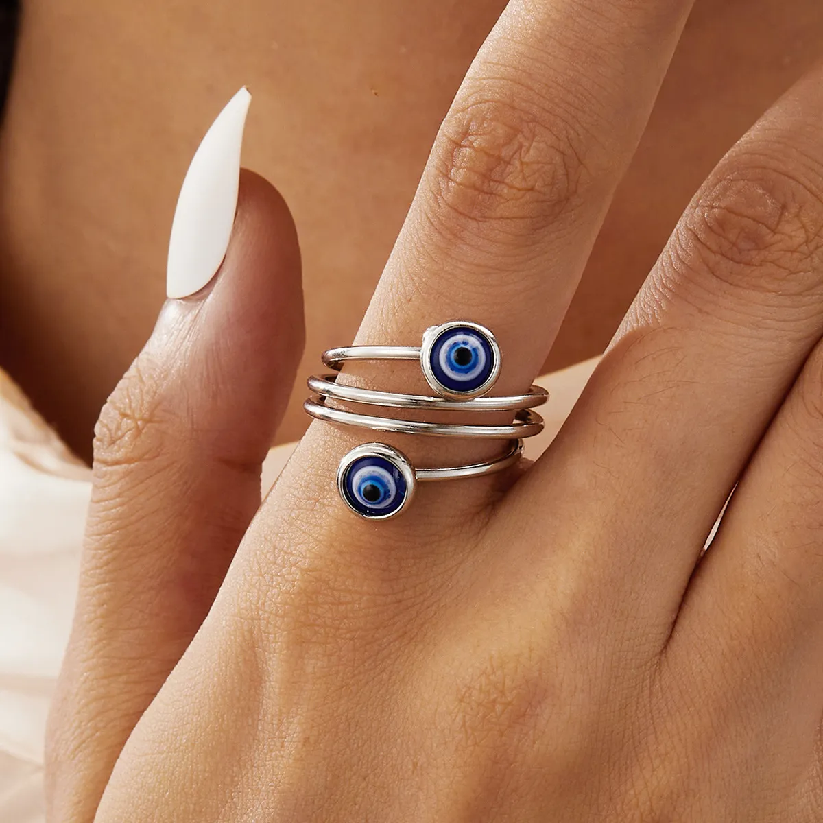 Women Fashion Blue Evil Eye Geometric Stainless Steel Opening Adjustable Ring