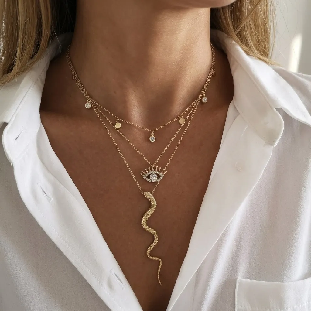 Women's Devil Eye Snake Pendant Multi-Layered Stacked Necklace
