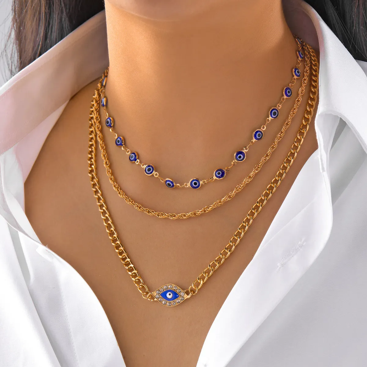 Women Fashion Blue Devil's Eye Necklace Three-Piece Set Zinc Alloy