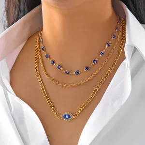 Women Fashion Blue Devil's Eye Necklace Three-Piece Set Zinc Alloy