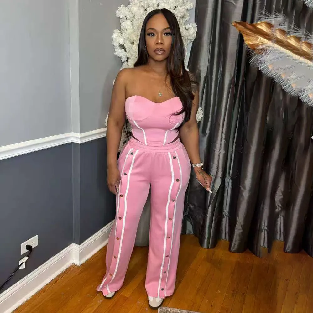 Women Fashion Casual Spring Stripe Tube Top Straight Breasted Pants Two-Piece Set