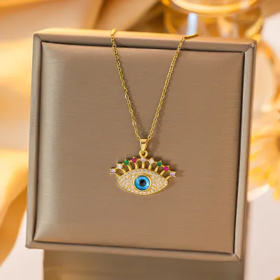 Women Creative Zircon Devil Eye Pendant Titanium Steel Necklace