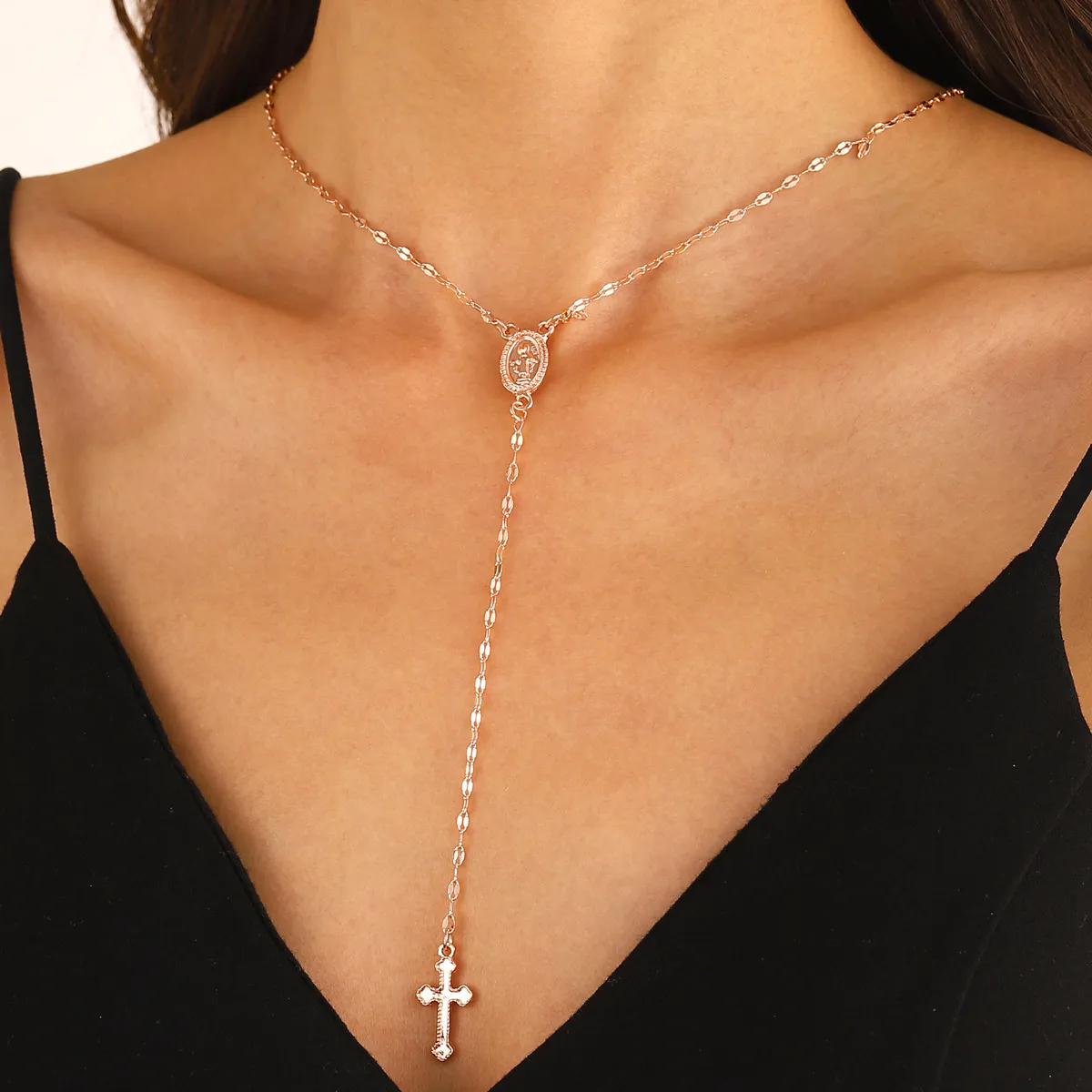 Women Fashion Cross Long Tassel Chain Necklace