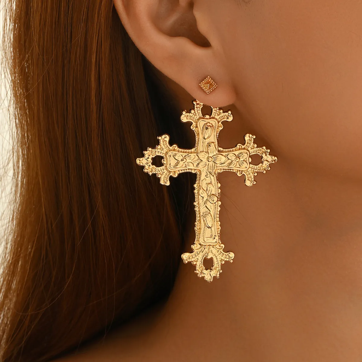 Women Fashion Retro Hollow Floral Metal Cross Earrings
