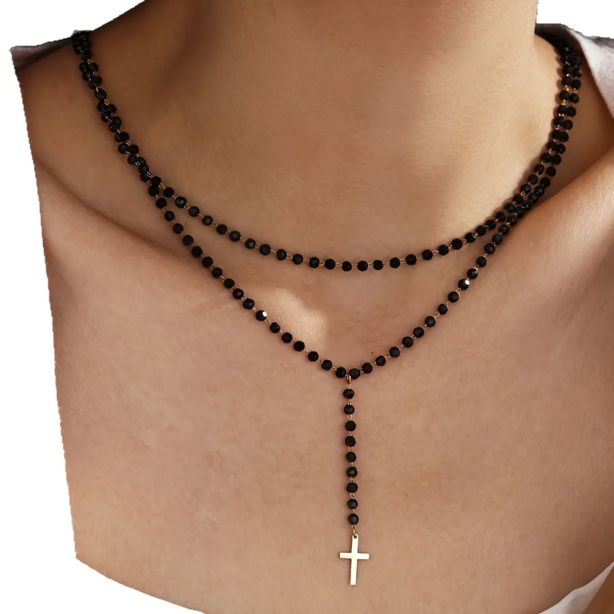 Women Fashion Retro Crystal Beaded Multi-Layer Cross Pendant Necklace