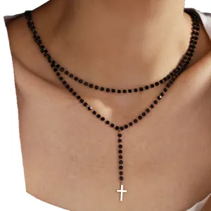 Women Fashion Retro Crystal Beaded Multi-Layer Cross Pendant Necklace