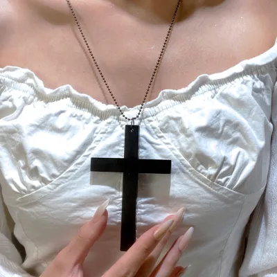 Women's Geometric Dark Cross Pendant Wooden Necklace