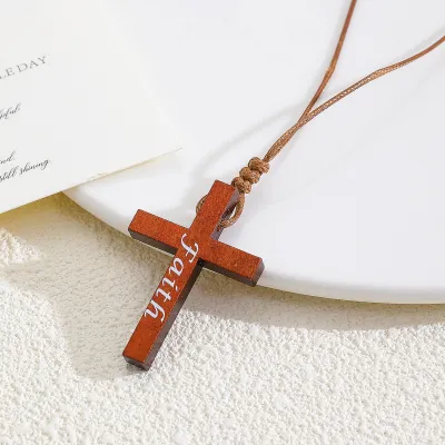 Women's Geometric Dark Cross Pendant Wooden Necklace