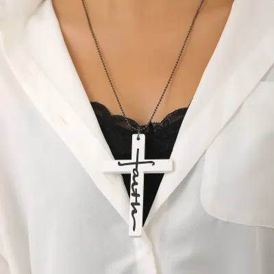 Women's Geometric Dark Cross Pendant Wooden Necklace