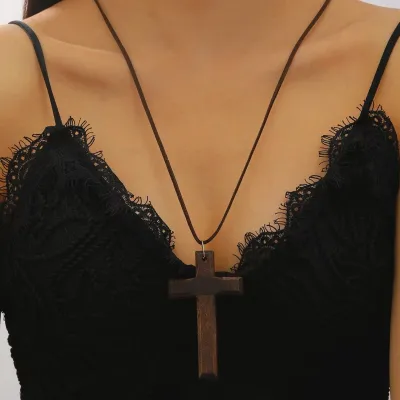 Women's Geometric Dark Cross Pendant Wooden Necklace