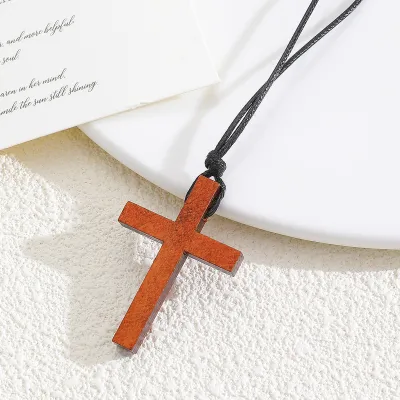 Women's Geometric Dark Cross Pendant Wooden Necklace