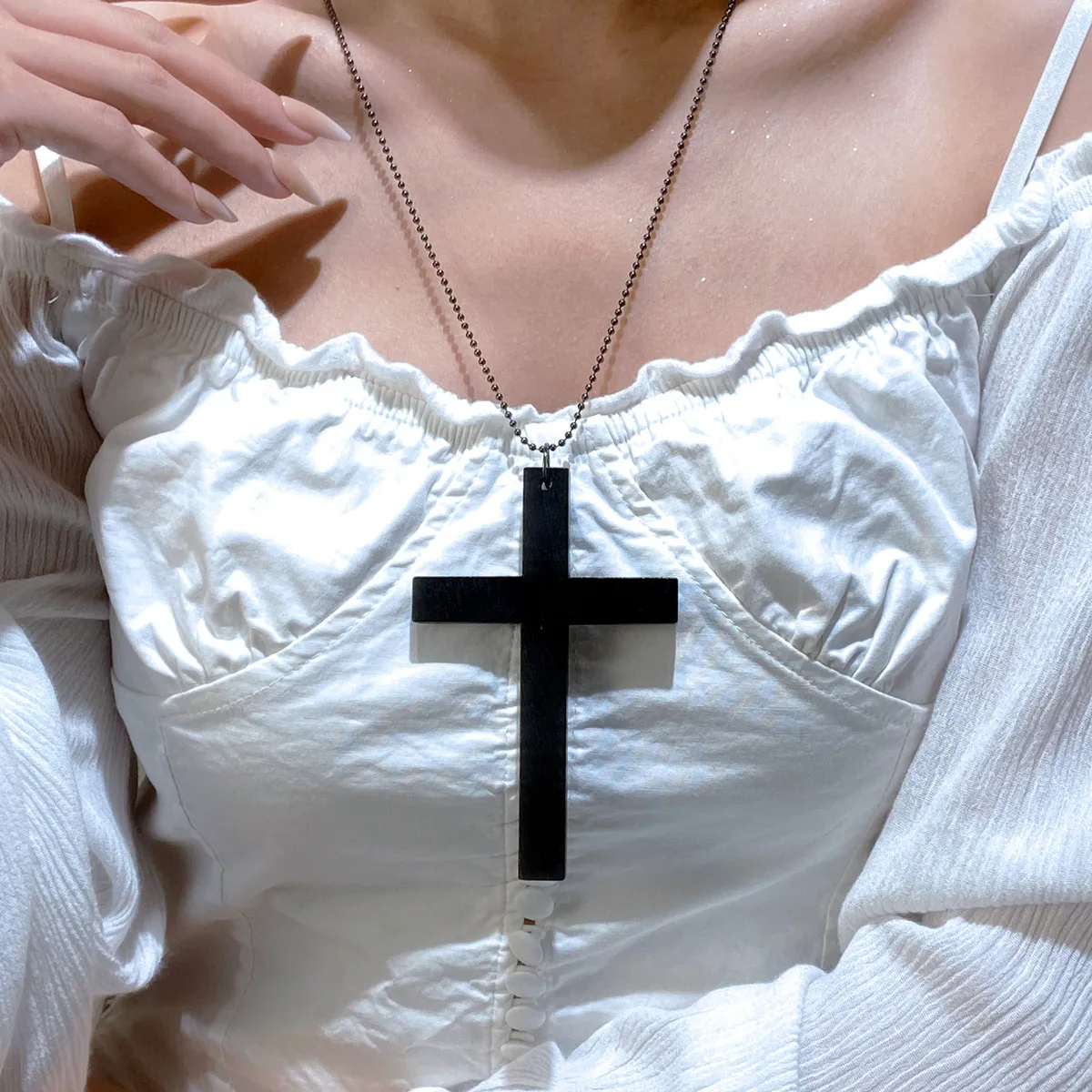 Women's Geometric Dark Cross Pendant Wooden Necklace