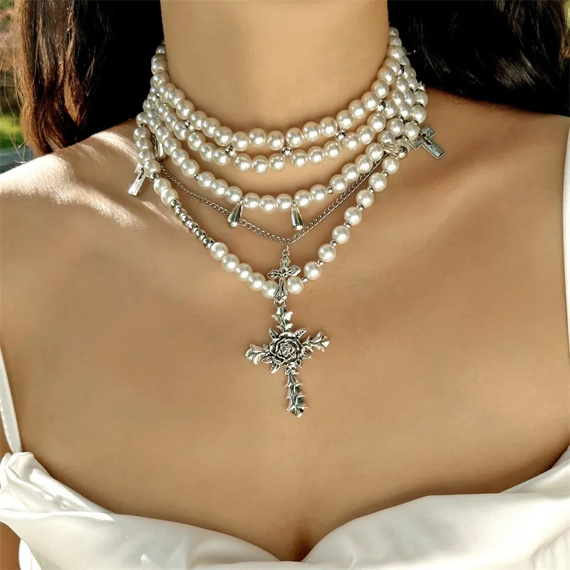 Women Fashion Imitation Pearl Multi-Layered Cross Pendant Necklace