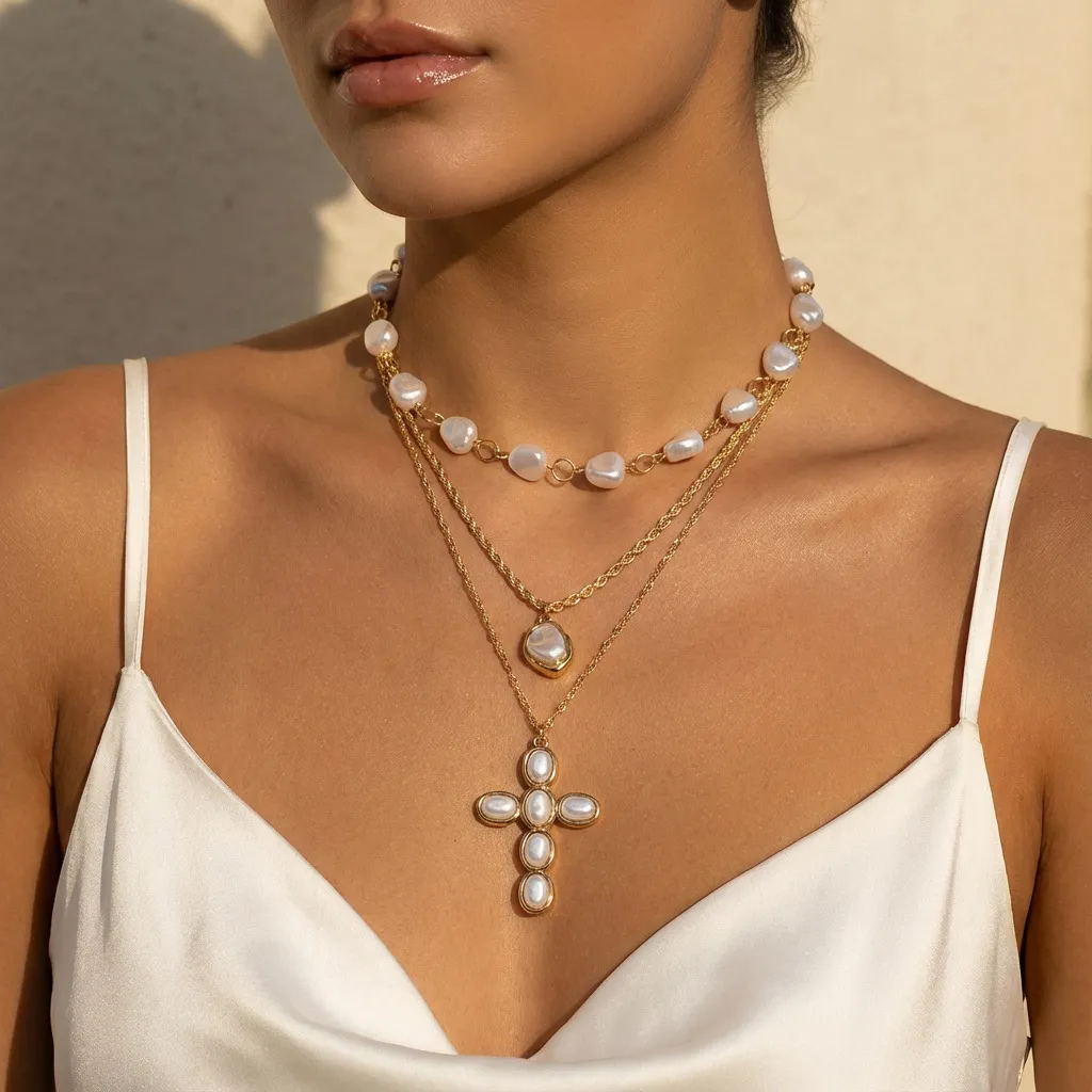 Women Fashion Retro Baroque Multi-Layer Pearl Cross Pendant Necklace Set