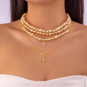 Women Fashion Elegant Multi-Layer Stacked Pearl Zircon Cross Pendant Necklace O-Chain