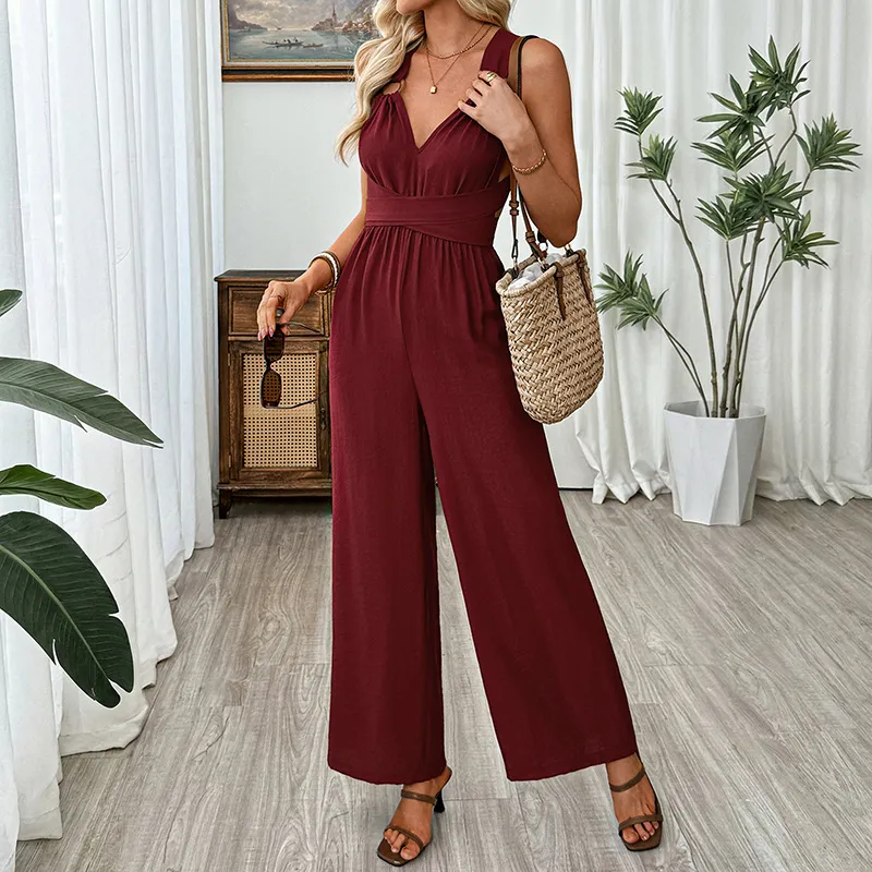 Women Fashion Sexy Spring And Summer Solid Color Sleeveless Backless Jumpsuits