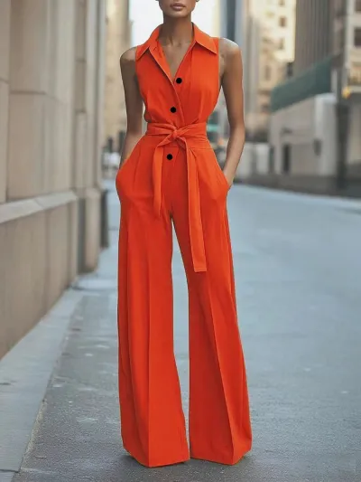 Women Fashion Casual Summer Solid Color Lapel Sleeveless Wide Leg Jumpsuits