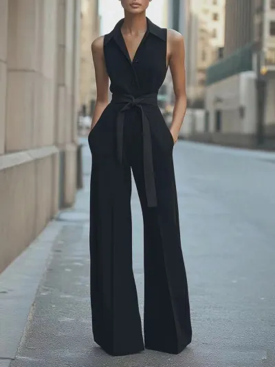 Women Fashion Casual Summer Solid Color Lapel Sleeveless Wide Leg Jumpsuits