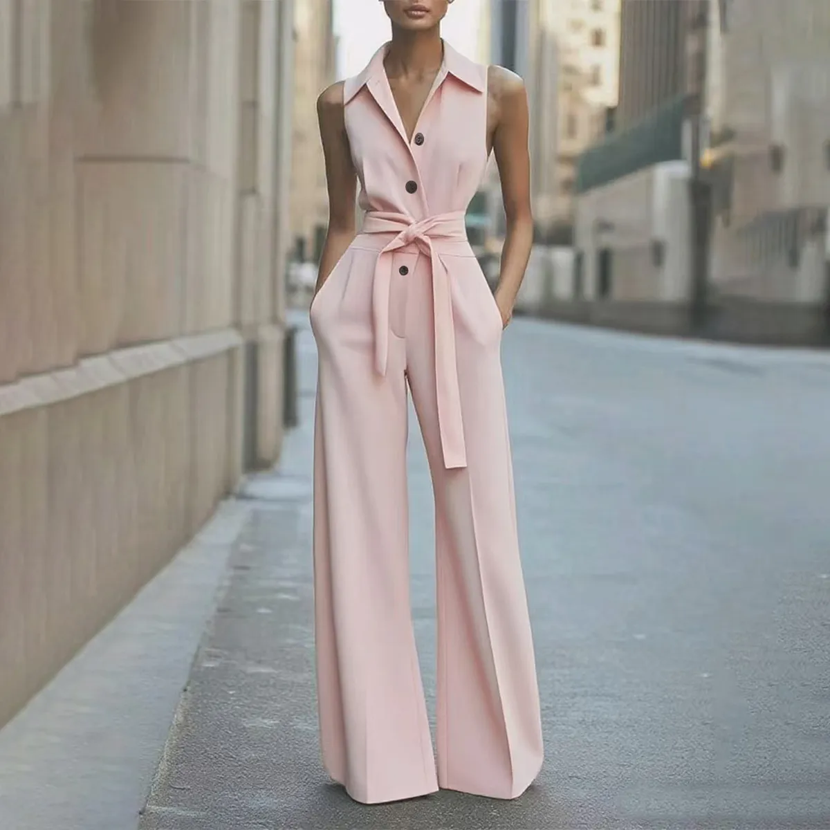 Women Fashion Casual Summer Solid Color Lapel Sleeveless Wide Leg Jumpsuits