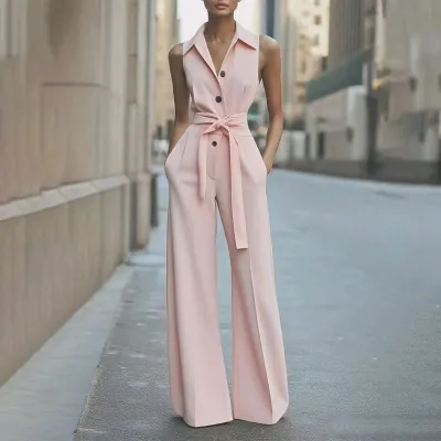 Women Fashion Casual Summer Solid Color Lapel Sleeveless Wide Leg Jumpsuits