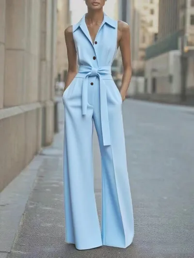 Women Fashion Casual Summer Solid Color Lapel Sleeveless Wide Leg Jumpsuits